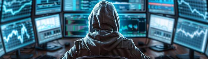 Hacker sitting in front of multiple monitors displaying data and graphs, representing cybersecurity threats and financial cybercrime. photo