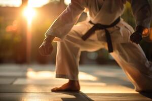 Martial artist practicing a powerful stance in the sunlight, showcasing discipline and commitment in a serene outdoor setting. photo
