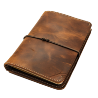 Rustic charm of a vintage leather-bound journal with a wrap-around strap png