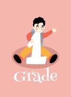Back to school. Little Boy With Backpack Sitting And Holding On To Big Number One. Template for design. Funny cartoon characters. illustration. vector