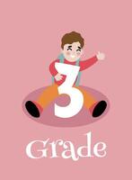 Back to school. Little Boy With Backpack Sitting And Holding On To Big Number three. Template for design. Funny cartoon characters. illustration. vector