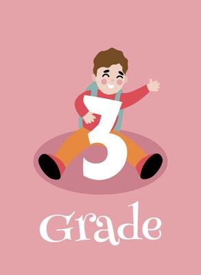 Back to school. Little Boy With Backpack Sitting And Holding On To Big Number three. Template for design. Funny cartoon characters. illustration.