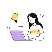 Idea bulb woman, work solution illustration. Doodle outline character work creative idea, think question. Female person with laptop, creative solution concept vector