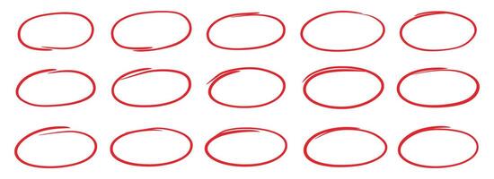 Hand drawn red oval set. Hand drawn doodle marker, pen stroke line highlight oval frame. Scribble round frame for text highlight. Grunge scratch style set. vector