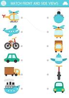 Transportation matching activity with cute side and front view of helicopter, plane, car, truck, ship. City transport puzzle. Match the objects game. Match up page, printable worksheet with vehicle vector