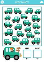 Transportation logic game with right and left concept for kids. I spy searching, counting activity with car. Transport printable space orientation worksheet for preschool children vector