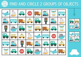 Transportation seek and find game with traditional symbols. Attention skills training puzzle. Transport printable activity for kids. Searching puzzle with car, truck, bus. Find groups of objects vector