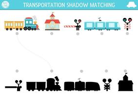Transportation shadow matching activity. Railway transport puzzle with cute trains, station, semaphores. Find correct silhouette printable worksheet or game. Funny page for kids vector