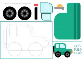 Lets build a car cut and glue activity. Transportation educational crafting game. Find missing parts. transport printable page for kids with wheel, window, body. Complete the vehicle vector