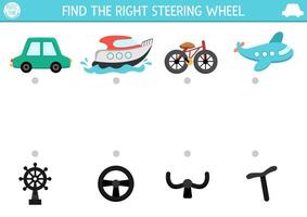 Transportation matching activity with cute transport and missing parts. Match the objects game with car, bike, boat. Match up printable worksheet with vehicle. Find the steering wheel vector