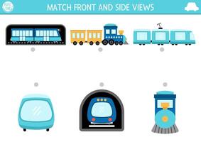 Transportation matching activity with cute side and front view of train, metro, engine. Railway transport puzzle. Match the objects game. Match up page, printable worksheet with vehicle vector