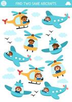 Find two same aircrafts. Transportation matching activity for children. Air transport educational quiz worksheet for kids for attention skills. Simple printable game with cute plane, helicopter vector
