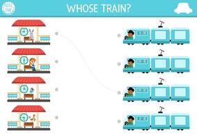 Transportation matching activity with cute train, passengers, station and time concept. City transport puzzle. Match the objects game. Match up page or printable worksheet with vehicles vector