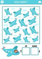 Transportation logic game with up and down concept for kids. I spy searching, counting activity with plane. Transport printable space orientation worksheet. Simple spotting puzzle vector