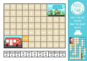 Transportation logic maze for kids with bus and waiting passenger. Transport competition preschool printable activity. Labyrinth game or puzzle with left, right, up, down concept. Find the route vector