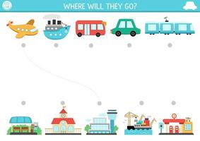 Transportation matching activity with cute plane, bus, ship, train and places they go. City transport puzzle. Match the objects game. Match up page or printable worksheet with vehicles vector