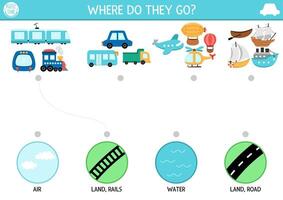 Transportation matching activity with cute plane, ship, train, places they go. Air, water, land, railway transport puzzle. Match the objects game. Match up page, printable worksheet with vehicle vector
