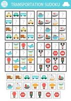 transportation sudoku puzzle for kids with pictures. Simple transport quiz with cut and glue elements. Education activity or coloring page with car, truck, traffic signs. Draw missing objects vector