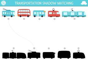 Transportation shadow matching activity. Public transport puzzle with cute bus, trolleybus, tram, train. Find correct silhouette printable worksheet or game. Funny page for kids vector