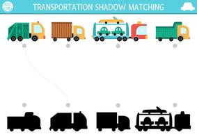 Transportation shadow matching activity. Transport puzzle with cute trucks. Find correct silhouette printable worksheet or game. Funny page for kids with lorry vector