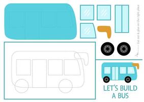 Lets build a bus cut and glue activity. Transportation educational crafting game. Find missing parts. transport printable page for kids with wheel, window, body. Complete the vehicle vector