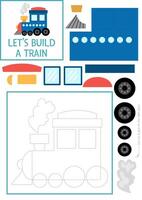 Lets build a train cut and glue activity. Transportation educational crafting game. Find missing parts. transport printable page for kids with wheels, windows. Complete the railroad vehicle vector