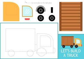 Lets build a track cut and glue activity. Transportation educational crafting game. Find missing parts. transport printable page for kids with wheel, window, body. Complete the vehicle vector