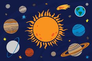 Collection of Solar System planets. Hand drawn cosmos objects. illustration of planet, Sun. vector