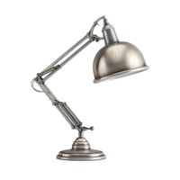 Detailed 3D rendering of a silver metal desk lamp with a large dome shade png