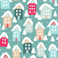 Winter seamless pattern of cute houses and snowy fir trees. Modern simple flat illustration. vector