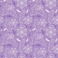 Seamless pattern of rabbits, snowflakes, and fir branches. Winter modern illustration. For wrapping paper, fabric, and wallpaper. vector