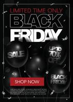 Black Friday. Sale discounts of up to 70. Vertical banner with black balloons and text. modern trendy 3D illustration. vector