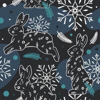 Christmas seamless pattern of rabbits, snowflakes, and fir branches. Winter modern illustration. For wrapping paper, fabric, and wallpaper. vector