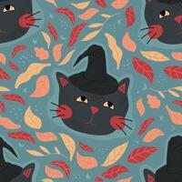 Seamless pattern with a black cat in a witch hat and autumn leaves. Colorful flat illustration for Halloween. vector