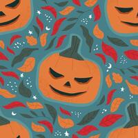 Seamless pattern with jack o lantern and fall leaves. Beautiful flat illustration for Halloween. vector