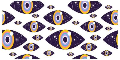 Seamless pattern with surreal elements. Handdrawn design with floating eyes and space. vector