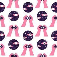 Seamless pattern with surreal elements. Handdrawn design with floating eyes and eyes in hands. vector