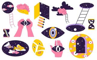 Hand drawn surrealism elements. Floating eyes, fish in the sky, stairs to nowhere, floating face, brain in space, eye in hand. Abstract illustration in trendy psychedelic style. vector
