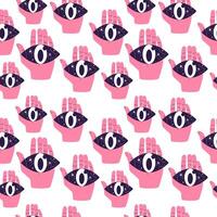 Seamless pattern with surreal elements. Handdrawn design with eyes in hands. vector
