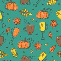 Autumn pattern. Coffee, mulled wine, pumpkin. Set, collection of hot drinks in cup, food, vegetables, autumn leaves. Season cold, icons, drawings, doodles. Seamless texture, multicolored background. vector