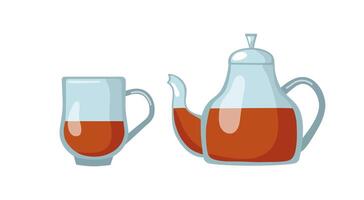 Glass teapot and cup of tea. Tea drinking and tea time. Hot healthy drink. Illustration of flat tea time icons for cafe and restaurant menu design, isolated background. vector