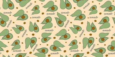 Avocado, inscription. Pattern. Line art. One line drawing, abstract fruits and vegetables, seamless background. vector