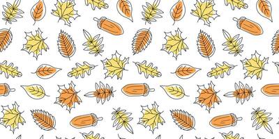 Set of autumn leaves and acorns. Leaf fall pattern, natural linear icons. Autumn season. Drawing, doodles, seamless background. vector