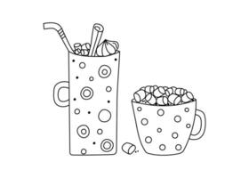 Set of cup and mug with desserts, sweets. Drawings, doodles. We prepare a delicious cocoa milk dessert in mugs, pour marshmallows. Chocolate bombs with marshmallows in hot drink. vector