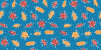 Leaf fall pattern, natural linear icons. Autumn season. Set of autumn leaves and acorns. Drawing, doodles, seamless background. vector