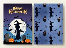 Set of Halloween card and seamless pattern with witch, cat, pumpkins and bat. Halloween template. Happy Halloween vector
