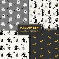 Set of seamless halloween patterns with witch silhouette, bat, ghost, cat. Monochrome halloween backgrounds vector