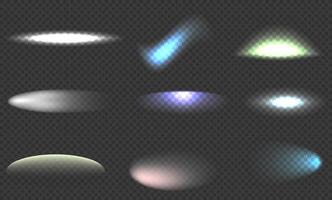 Set of lighting effects. Flash, shining glitter, glowing spark. Light beam. Lens flares, rays vector