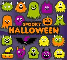 Cute monster set. Happy Halloween. Colorful monster face in flat style. Cartoon funny characters with emotions. vector