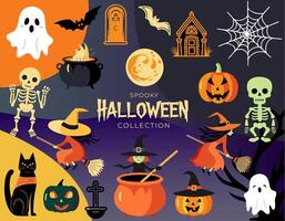 Characters and elements for halloween in cartoon style. Halloween set witch, pumpkins, ghosts, skeleton. vector